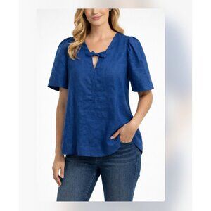 SEA New York Shirt Womens 2 Blue Puff Sleeve Open Back Tie Blouse Top Backless